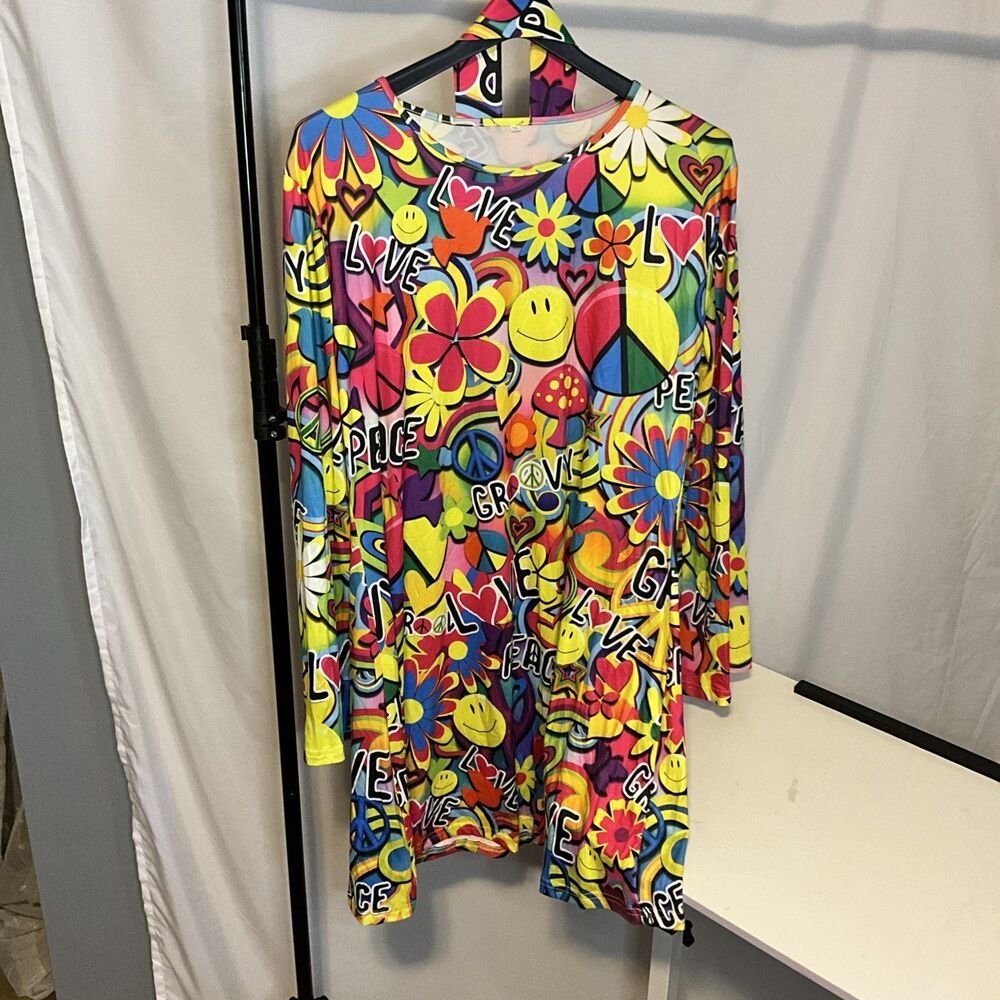 Groovy 60s Hippie Costume Peace Love, Halloween, Size 2XL With Bandana Scarf
